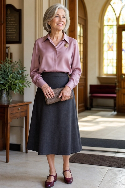 Dusty Rose Blouse and Charcoal Midi Skirt A woman wears a dusty rose satin blouse with a brooch, charcoal midi skirt, taupe clutch, and burgundy Mary Jane heels.