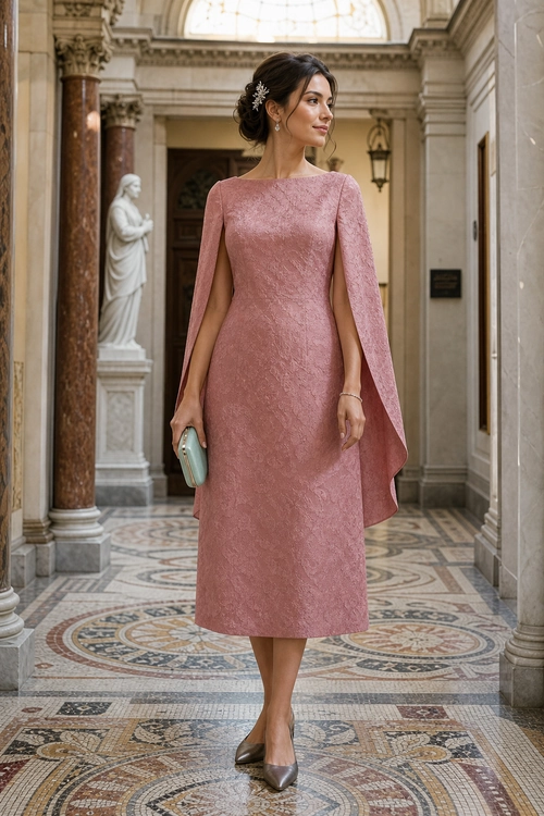 Woman wearing a dusty rose textured midi dress with cape sleeves, pointed pumps, a mint clutch, and a delicate hair accessory.