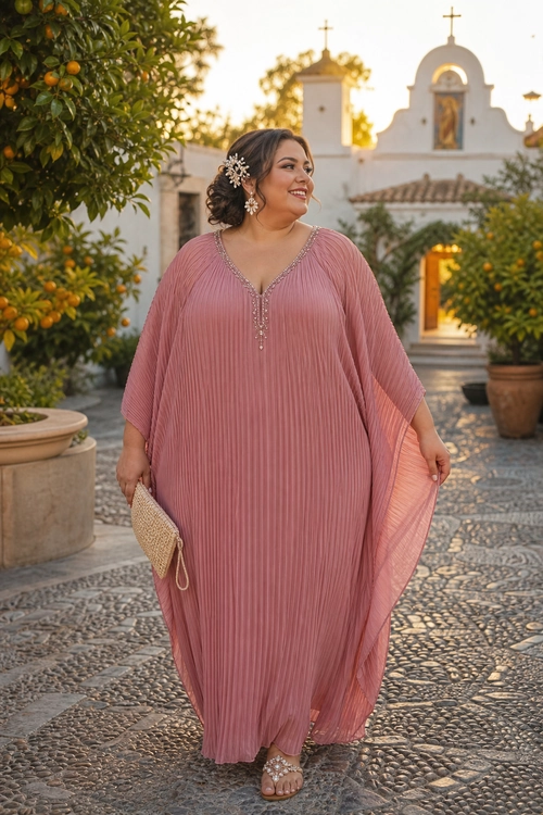 A woman wears a flowing dusty rose pleated kaftan dress with embellished neckline, a woven clutch, floral hair accessory, and flat sandals.