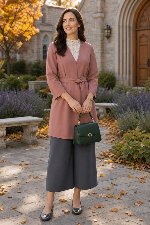 A woman wears a dusty rose belted tunic over a white lace high-neck blouse with gray wide-leg culottes, gray flats, and a dark green handbag.