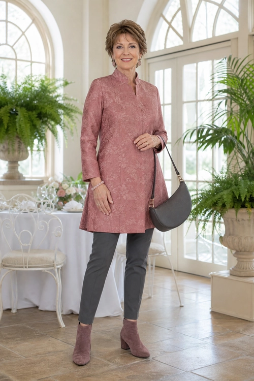 A woman wears a dusty rose patterned long tunic with gray trousers, mauve ankle boots, and a gray shoulder bag.