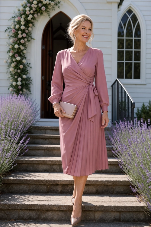 Woman wearing a dusty rose long-sleeve wrap midi dress with a pleated skirt, nude pointed-toe pumps, and a light beige clutch.