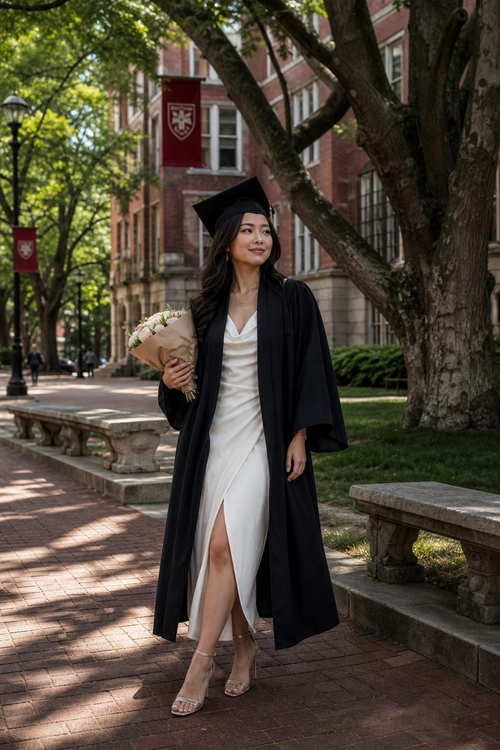 A woman wears a black graduation cap and gown over a white draped dress with a front slit and strappy heels while holding a bouquet.