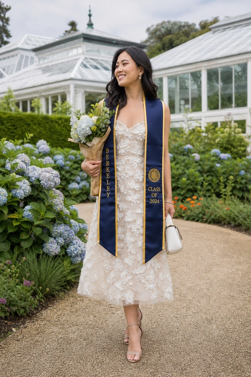 Elegant Graduation Garden Look A woman wears an ivory floral lace dress with a navy Berkeley Class of 2024 graduation stole, holding a bouquet and white handbag in a garden.