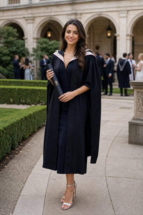 A woman in a black graduation gown over a cream dress holds a bouquet and diploma while wearing white pointed heels.