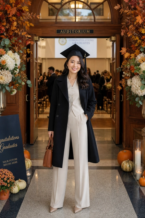 A woman wearing a black graduation cap, long black coat, cream blouse, wide-leg trousers, pointed shoes, and carrying a brown handbag.