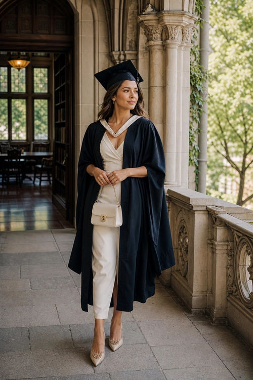 A woman wears a dark academic gown and graduation cap over an ivory outfit with pointed heels and a small shoulder bag.