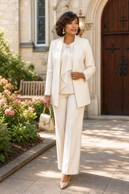 A woman wears an ivory blazer and wide-leg trousers with a draped blouse, pointed pumps, gold jewelry, and a structured handbag.
