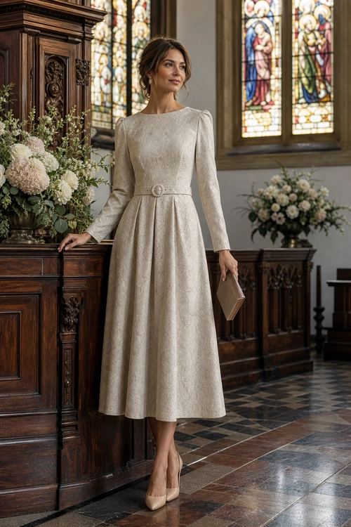 Woman wearing a cream long-sleeve belted midi dress with nude pumps and a tan clutch.
