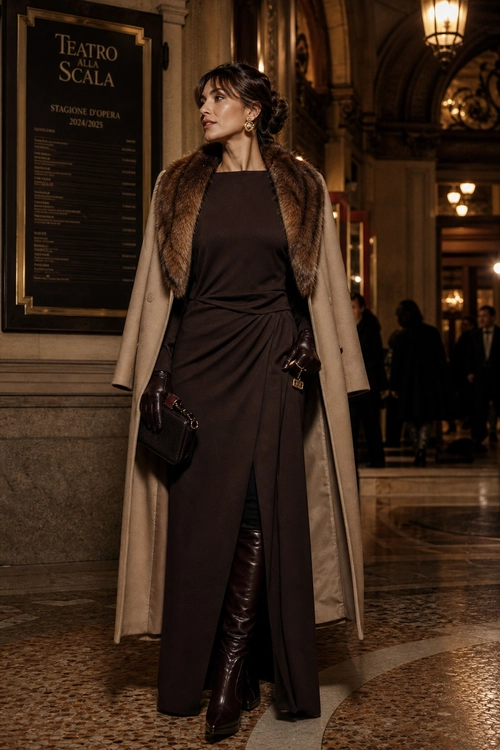 Woman wearing a dark brown draped dress, beige long coat, brown fur stole, leather boots, gloves, and a small handbag outside an opera house.