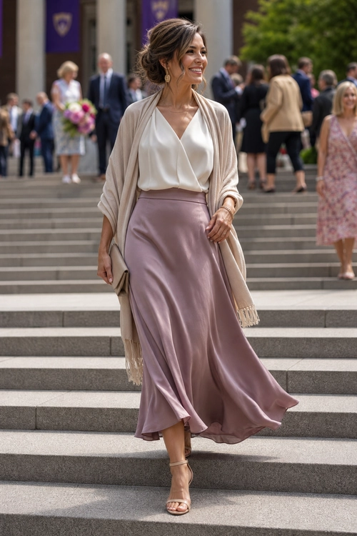 A woman wears an ivory blouse, mauve satin skirt, beige fringed shawl, and strappy sandals on outdoor steps.