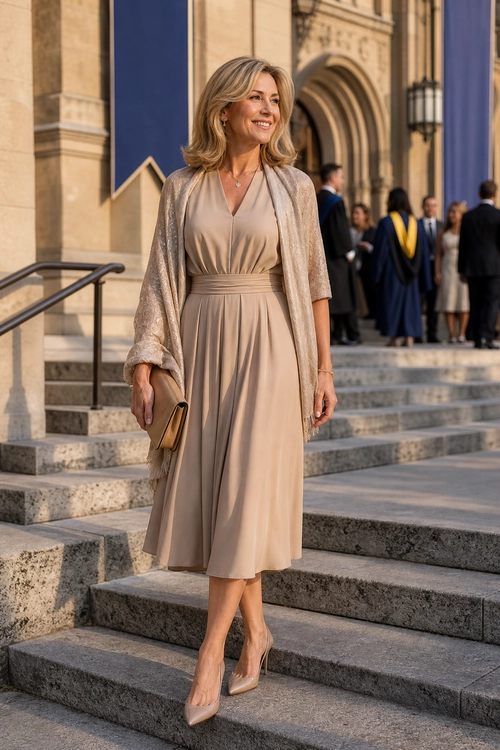 Woman wearing a taupe midi dress with a sheer lace cardigan, pointed heels, and a matching clutch on stone steps.