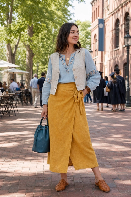 A woman wears a light blue embroidered blouse, beige vest, mustard wrap-leg pants, woven brown shoes, and carries a teal handbag.