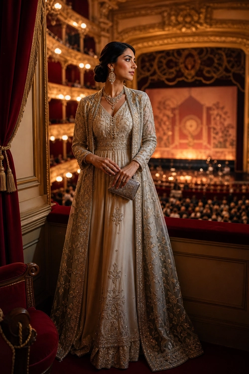 Embroidered Champagne Evening Gown A woman wears a long champagne-colored embroidered gown with a matching embellished overlay, jewelry, and a clutch in an ornate theater.