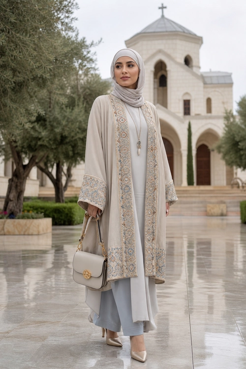 Embroidered Taupe Modest Ensemble A woman wears a taupe hijab and long embroidered open-front outer layer over a flowing light gray outfit, styled with nude pointed heels and a beige shoulder bag.
