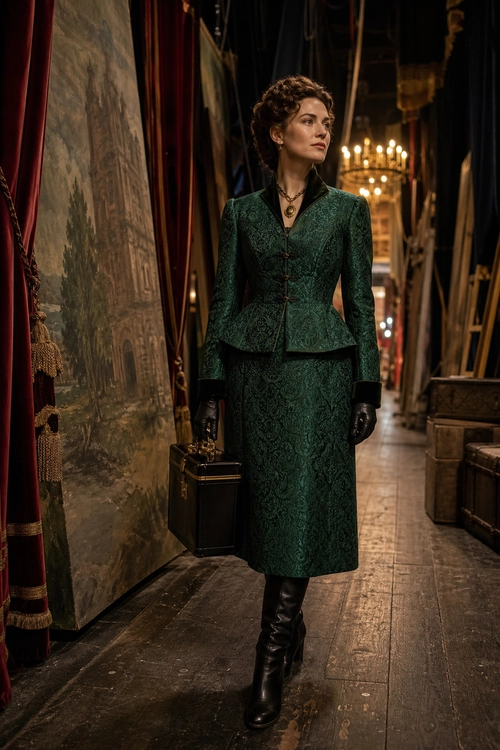 A woman wears a dark green patterned jacket and matching knee-length skirt with black gloves, knee-high boots, and a structured handbag.