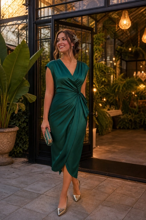A woman wears an emerald green draped midi dress with pointed metallic heels, a beaded clutch, and a floral hair accessory.