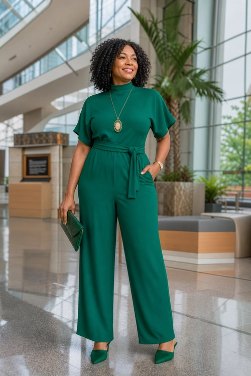 A woman wears an emerald green short-sleeve jumpsuit with a tied waist, pointed heels, clutch, and pendant necklace.