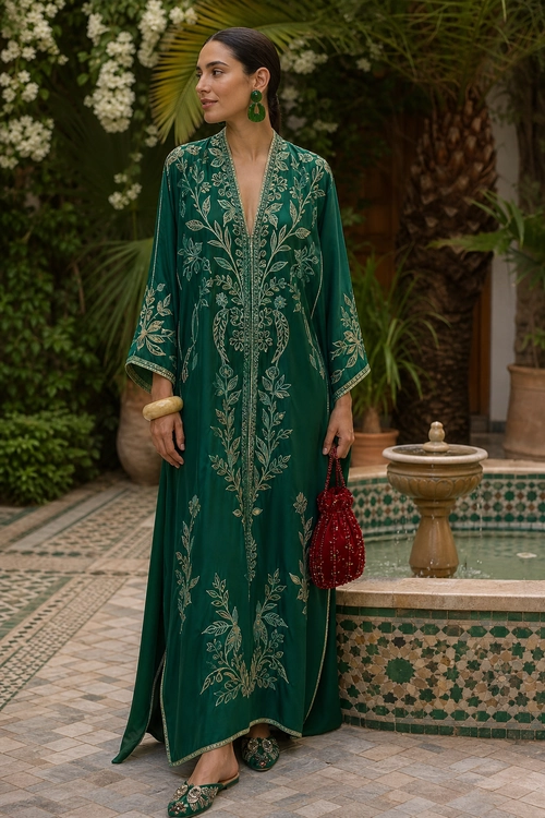 Emerald Green Embroidered Kaftan A woman wears a long emerald green embroidered kaftan with matching embellished slippers, green earrings, a bracelet, and a red beaded handbag.