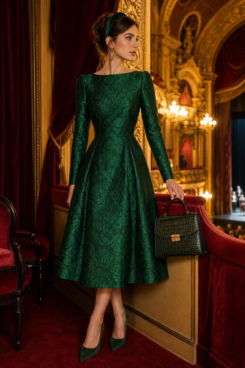 Emerald Green Jacquard Dress Woman wearing an emerald green long-sleeve jacquard fit-and-flare dress with matching pointed heels and a structured handbag.