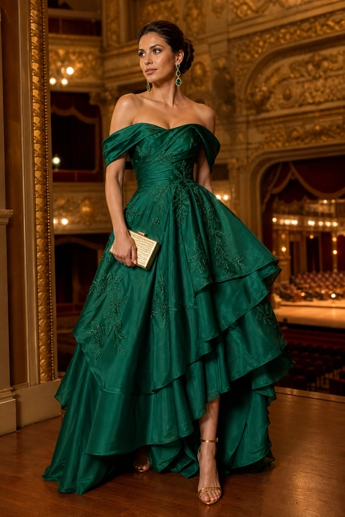 An emerald green off-the-shoulder evening gown with embroidered details, layered ruffles, gold earrings, and a small clutch.