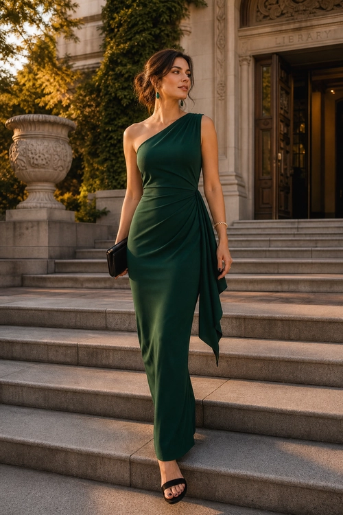 Emerald Green One-Shoulder Dress Woman wearing an emerald green one-shoulder dress with a draped skirt, black clutch, and black open-toe sandals.