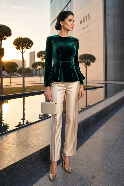 A woman wears an emerald green velvet peplum top with cream tailored trousers, pointed pumps, and a structured handbag.