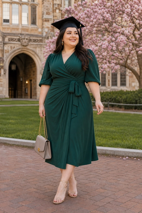 Emerald Wrap Dress Graduation Outfit A woman wears an emerald green wrap dress with nude strappy heels, a taupe chain-handle handbag, and a black graduation cap outdoors.