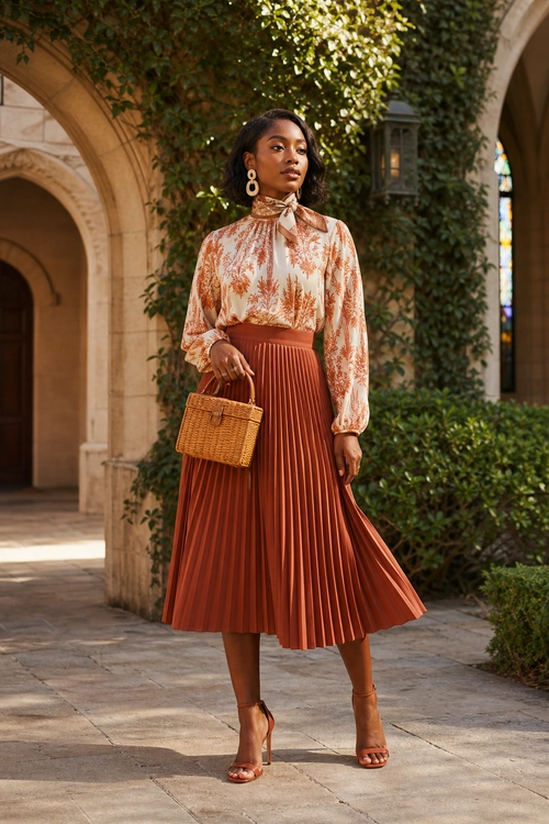 A woman wears a cream floral blouse with a rust pleated midi skirt, woven handbag, hoop earrings, and strappy heels.