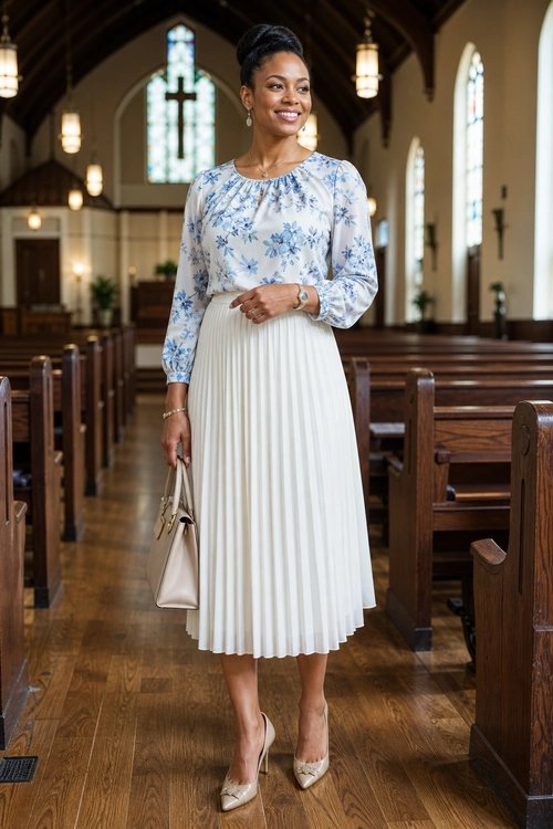 Floral Blouse and Pleated Skirt Outfit A woman wears a blue floral blouse with a white pleated midi skirt, pointed heels, and a beige handbag.