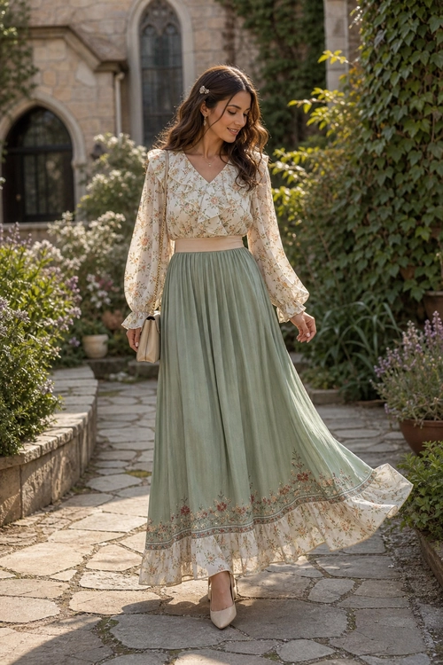 A woman wears a floral long-sleeve blouse with a sage green pleated maxi skirt, beige heels, and a small beige bag.