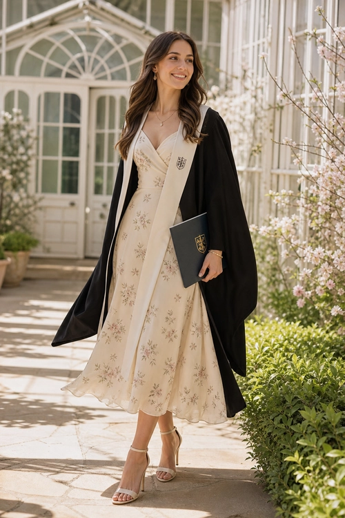 A woman wears a cream floral midi dress with a black graduation robe, beige heels, and holds a black folder in a sunlit conservatory.