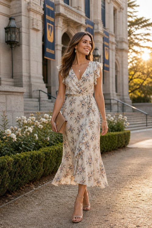 Floral Wrap Dress Outfit Woman wearing a cream floral wrap dress with flutter sleeves, nude strappy heels, and a tan clutch.