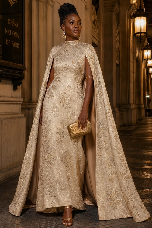 A woman wears a floor-length gold brocade gown with a matching cape, metallic clutch, earrings, and heeled sandals.