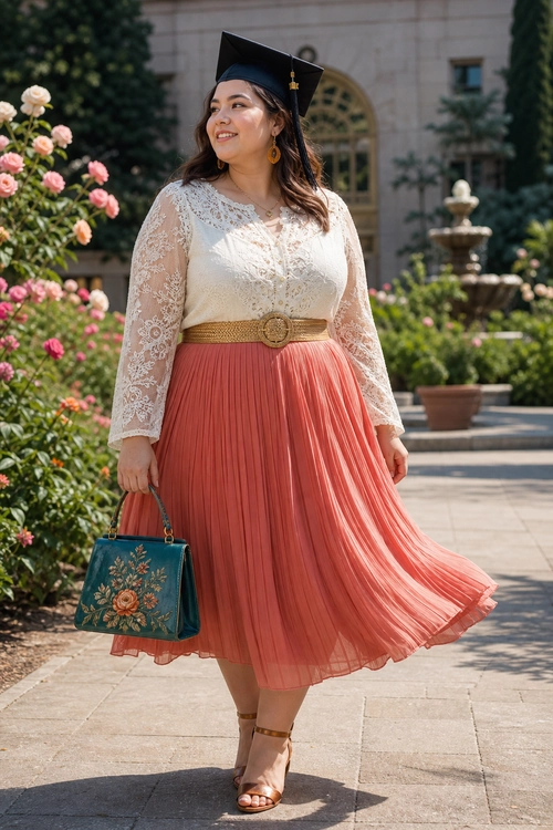 Graduation Outfit with Coral Pleated Skirt A woman wearing a black graduation cap, ivory lace top, coral pleated skirt, tan belt, heeled sandals, and a teal embroidered handbag outdoors.