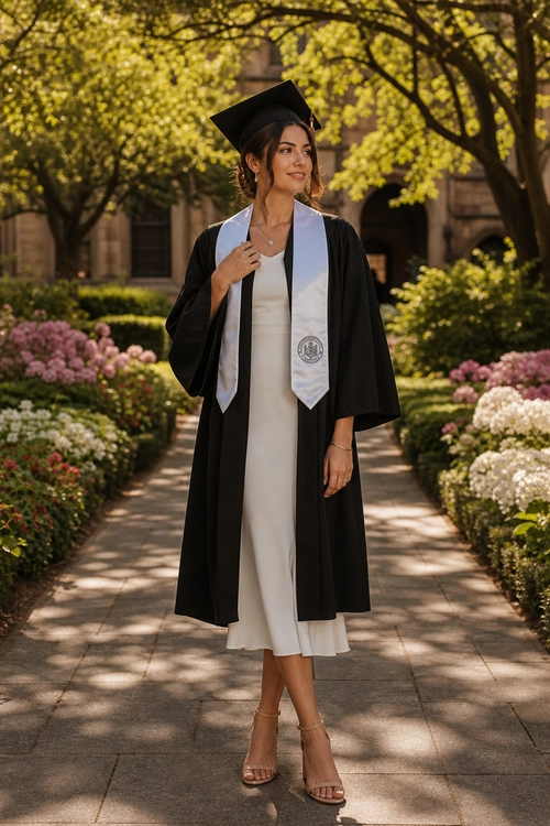 A woman wears a black graduation gown and mortarboard over a white midi dress with a white stole and nude strappy heels.