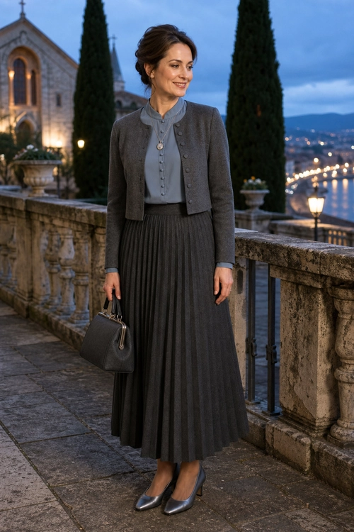 Elegant Gray Pleated Skirt Outfit A woman wears a gray cropped jacket, high-neck blouse, pleated midi skirt, pointed heels, and a structured handbag.