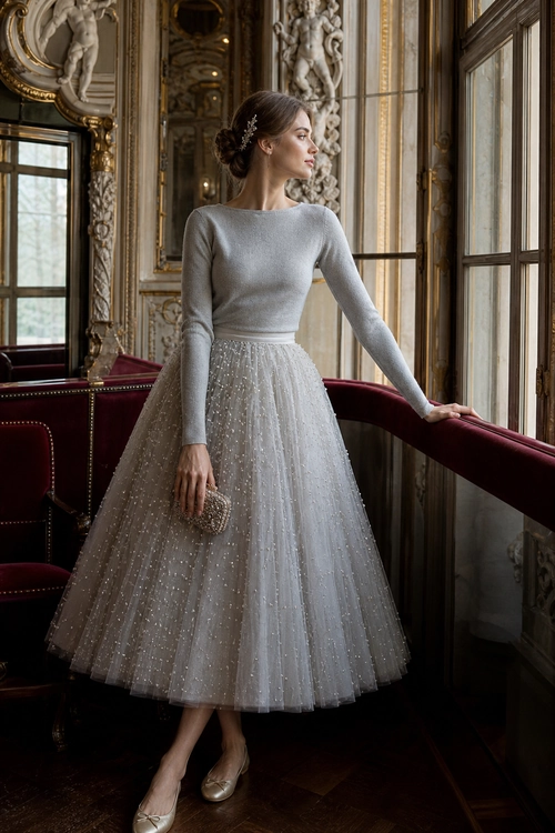 A woman wears a fitted gray long-sleeve top with a full embellished tulle midi skirt, metallic clutch, and matching flats.