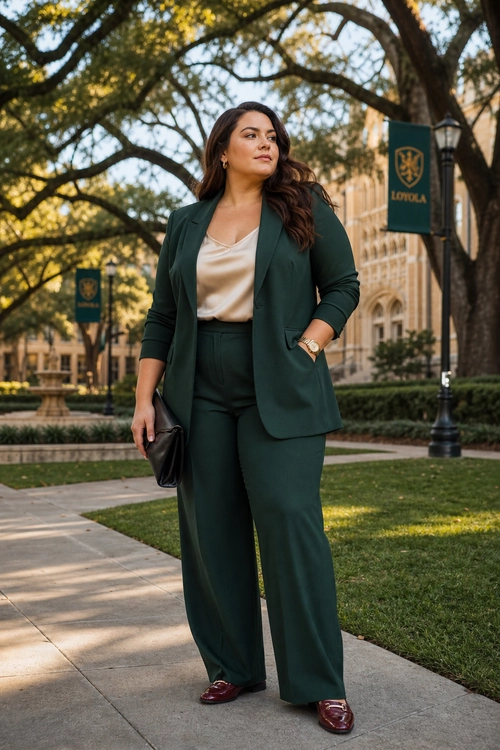 Dark Green Blazer and Wide-Leg Trousers A woman wears a dark green blazer with matching wide-leg trousers, an ivory satin camisole, burgundy loafers, and carries a black clutch.