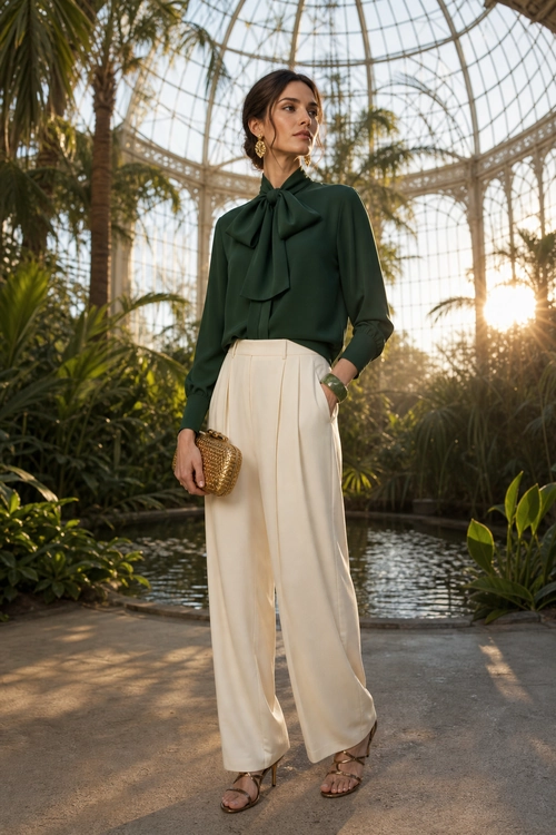 A woman wears a dark green tie-neck blouse with cream wide-leg trousers, brown strappy sandals, gold earrings, and a woven gold clutch.