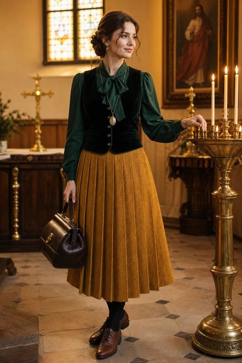 A dark green bow-neck blouse layered with a black vest and paired with a mustard pleated midi skirt, black tights, brown shoes, and a brown handbag.
