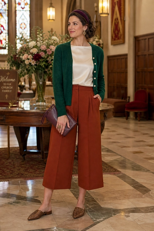 A woman wears a green button-front cardigan over an ivory top with rust cropped wide-leg trousers, woven brown flats, and a burgundy clutch.