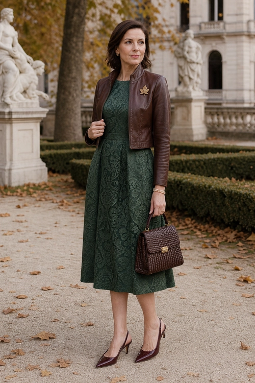 A woman wears a dark green patterned midi dress with a cropped brown leather jacket, burgundy pointed heels, and a structured brown handbag.