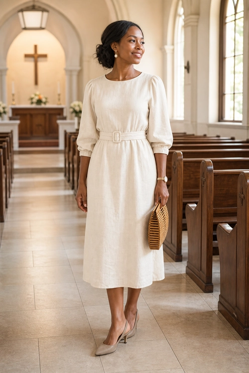 Woman wearing an ivory belted midi dress with beige pointed heels, gold earrings, a watch, and a woven clutch.