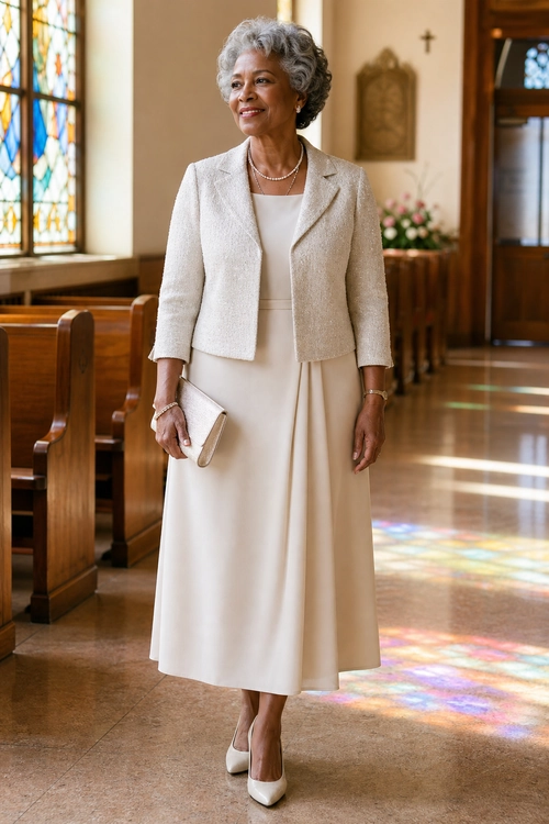 Ivory Blazer and Midi Dress Woman wearing an ivory cropped blazer over a matching midi dress with pearl jewelry, a clutch, and pointed-toe pumps.