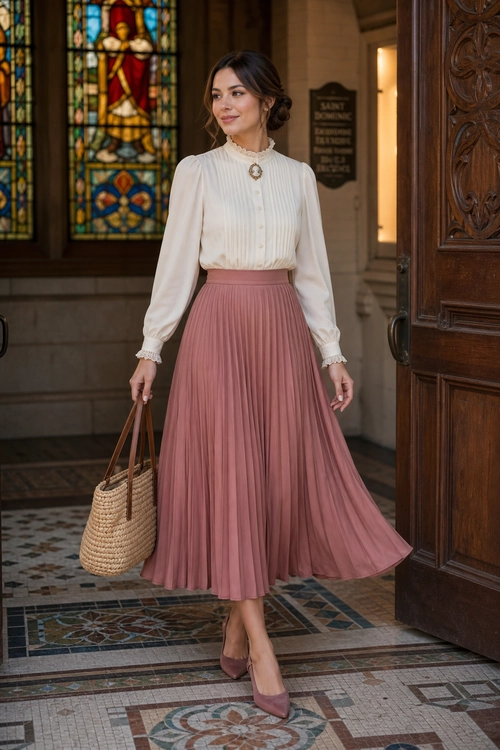 A woman wears an ivory pleated blouse with a blush-pink pleated midi skirt, pointed heels, pendant necklace, and woven tote.