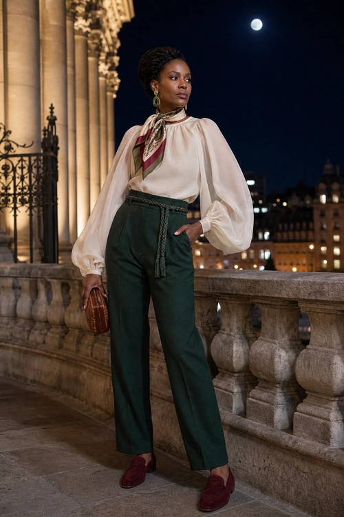 A woman wears an ivory high-neck blouse with voluminous sleeves, dark green trousers, a patterned neck scarf, burgundy shoes, and a woven brown clutch.