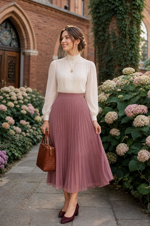Ivory Blouse and Mauve Pleated Skirt Outfit A woman wears an ivory high-neck blouse with long sleeves, a mauve pleated midi skirt, burgundy pumps, and carries a brown handbag.