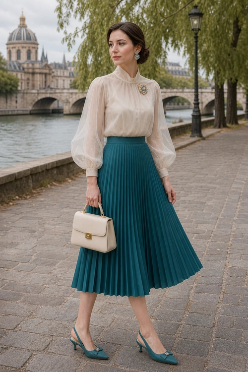 Ivory Blouse and Teal Pleated Skirt A woman wears an ivory high-neck blouse with sheer balloon sleeves, a teal pleated midi skirt, teal heels, and a cream handbag.