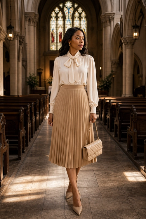 Woman wearing an ivory bow blouse, camel pleated midi skirt, beige pointed-toe pumps, and a quilted chain-strap shoulder bag.